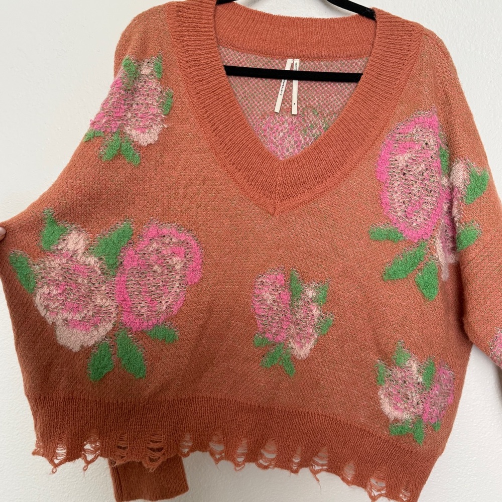 Anthropologie Drop Shoulder Floral Rose V-Neck Sweater - Picture 8 of 14
